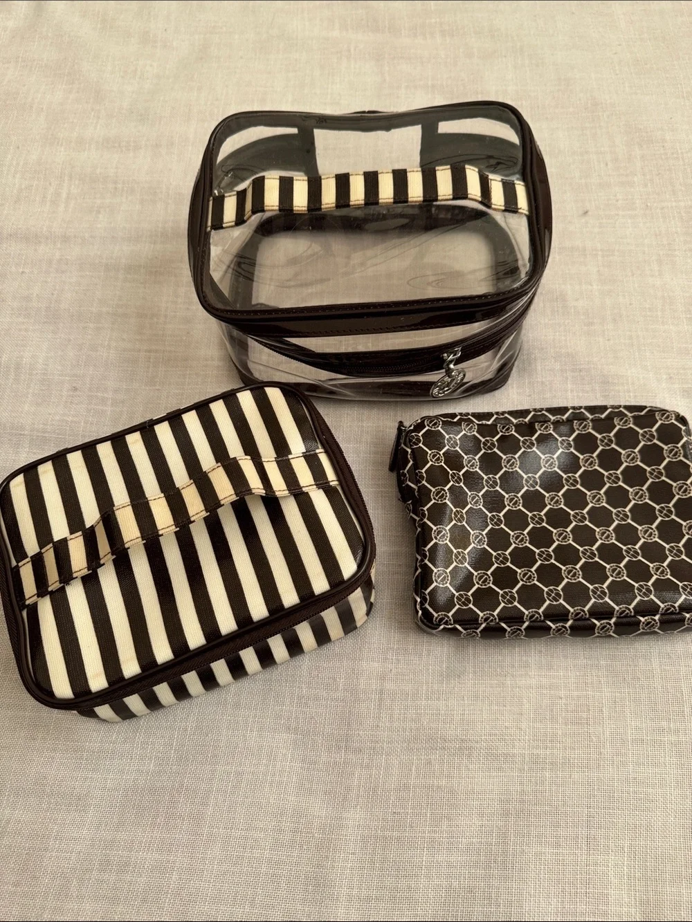 Vintage Henri Bendel Striped /Monogram and Clear Travel Cosmetic Bags - Set of 3